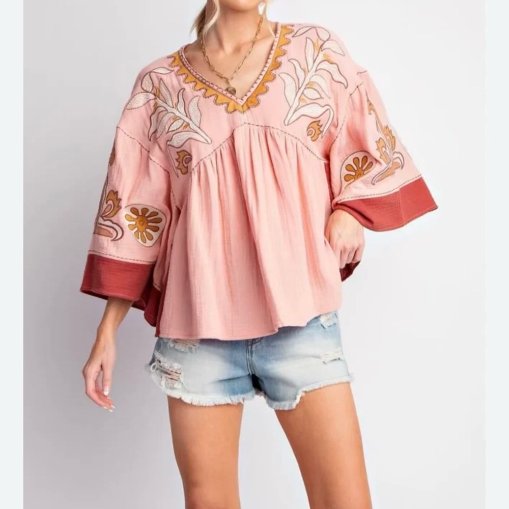 easel Pink Embroidered V-Neck Peasant Blouse